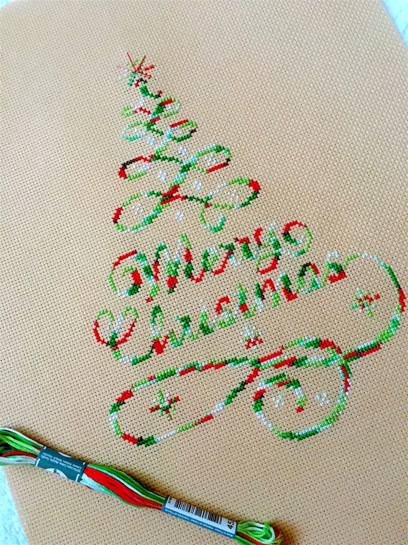 Variegated Merry Christmas Tree cross stitch pattern Merry Etsy