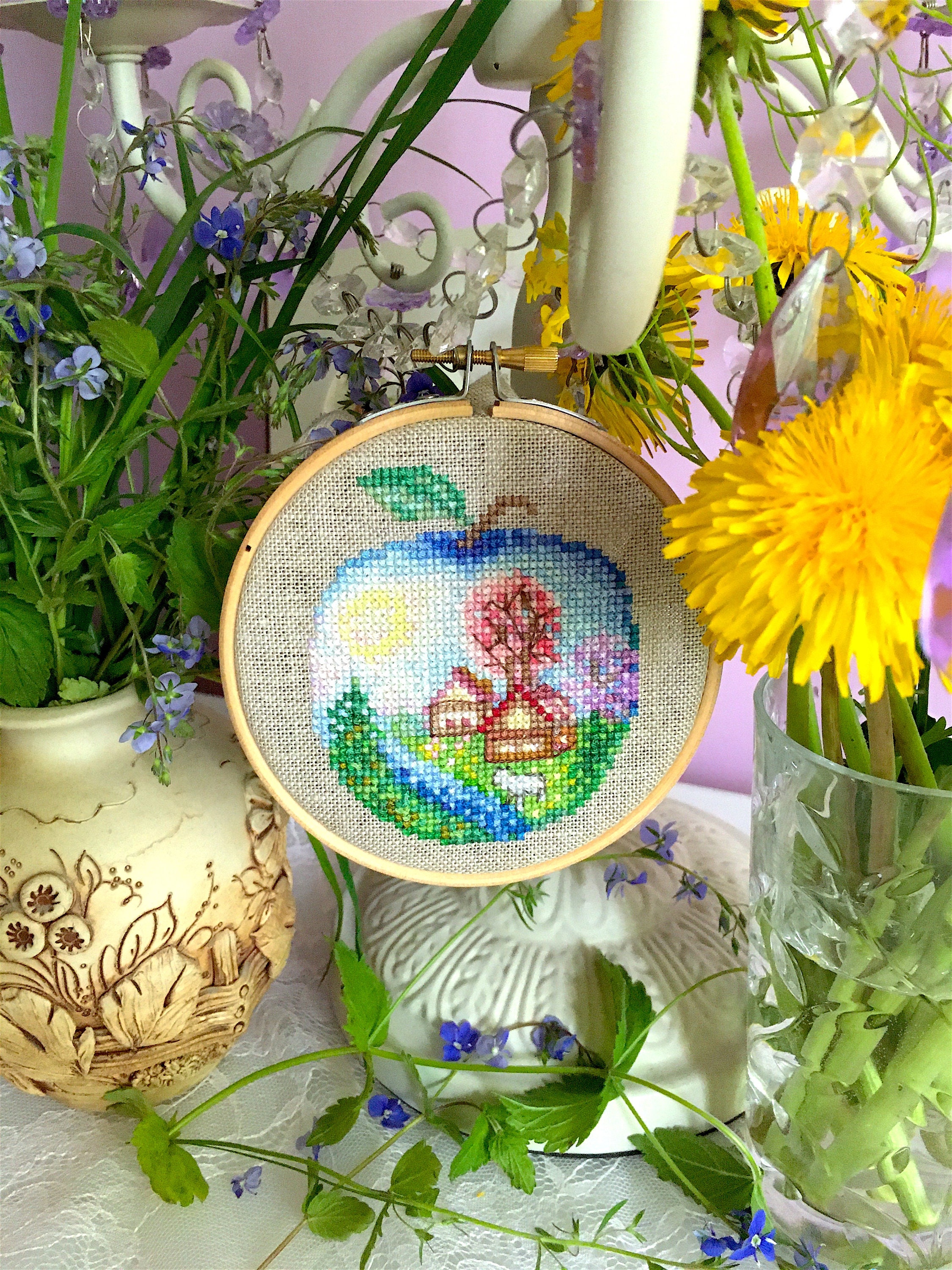 Spring in an apple Cross stitch pattern Modern Embroidery Etsy