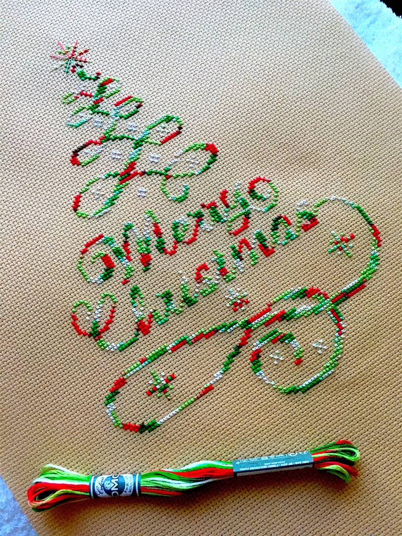 Variegated Merry Christmas Tree cross stitch pattern Merry Etsy