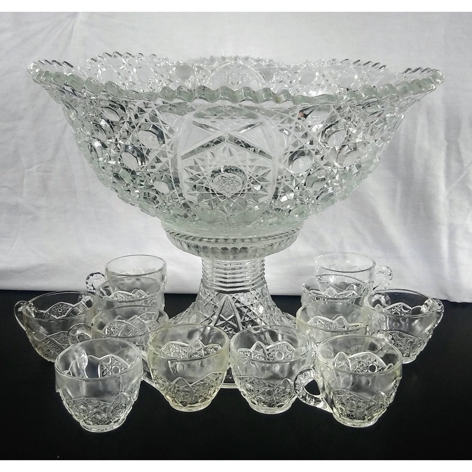 Vintage Cut Glass Punch Bowl Set EAPG Daisy and Button 14 Etsy
