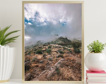 Foggy Arizona Desert Landscape. Superstition Mountains Arizona, Digital Download, Fine Art Wall Art.