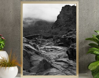 Foggy Mornings of Hieroglyphics Trailhead, Superstition Mountains, Arizona. Digital Download, Landscape Fine Art Photography Black and White