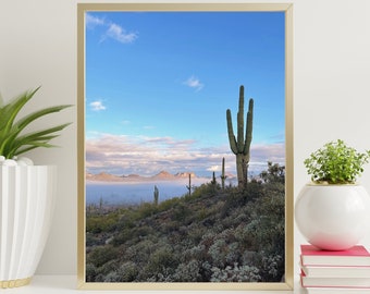 Pastel Arizona Saguaro, Superstition Mountains, Cactus Wall Art. UNFRAMED Inkjet Print