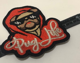 Pug Life cute embroidery iron patch 3.25 x 3 in