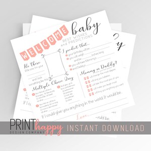 Feuille de scrapbooking, souhaits et prédictions de baby shower, bienvenue bébé, activité de baby shower, baby girl Mad Libs, téléchargement immédiat imprimable