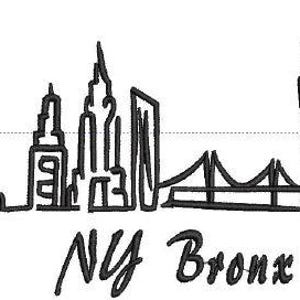 May include: Black line drawing of the New York City skyline, including the Statue of Liberty, skyscrapers, and a bridge. The text "NY Bronx" is written below the skyline in a cursive font.