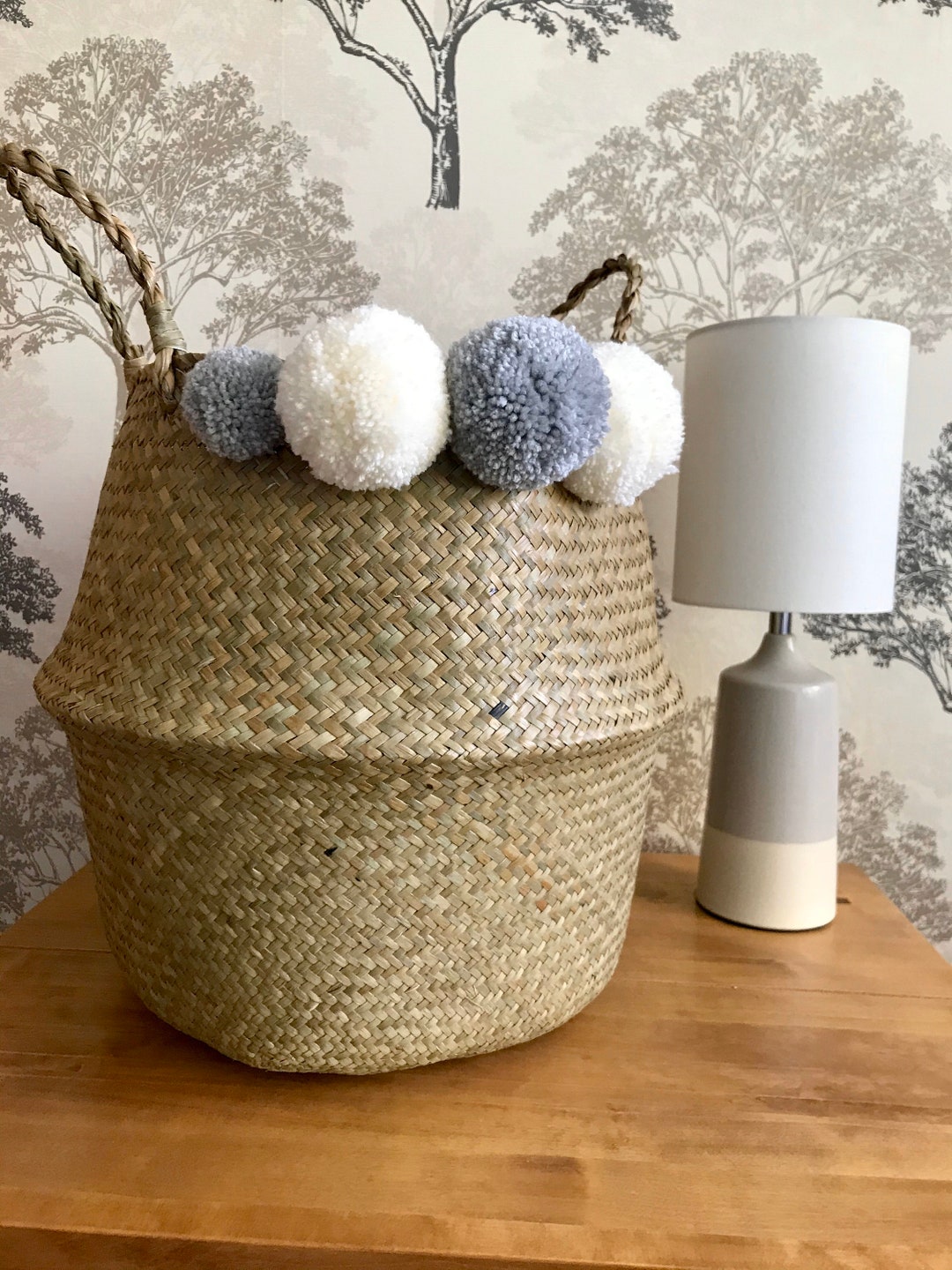 Extra Large Pom Pom Basket. Cream and Grey Etsy UK