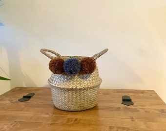 Medium Pom Pom Basket. Mocha and grey.