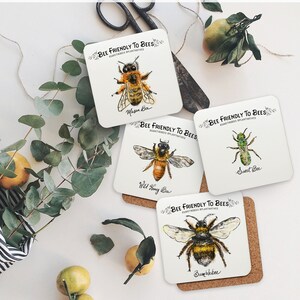 Bee coaster set of four cork backs, Types of bees, Bee art, Bees endangered coaster set, Drink coaster, Save the bees gift, Gardeners gift