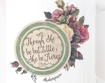Shakespeare quote coffee mug, Blush pink Victorian floral, 11 oz coffee mug, Though she be but little she is fierce, Book lover gift