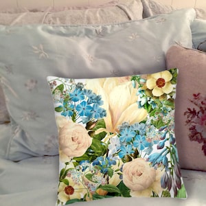 Blue floral throw pillows, White roses floral print 16x16 20x20 Vintage floral cottage chic pillow, Blue floral accent pillow, flower pillow