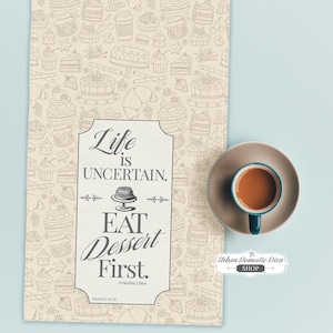 Dessert First TeaTowel, Farmhouse Cottage Dish Towel, Cottage Chic Cotton Towel Best Hostess Gifts, Whimsical Art Dessert Kitchen Tea Towel