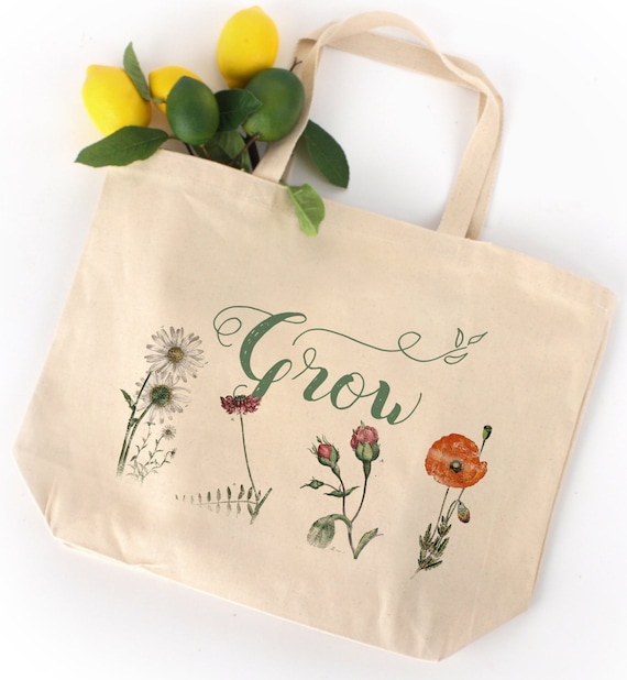GROW Flower Tote Bag, Vintage Floral Canvas Bag, Botanical Prints