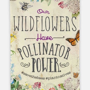 May include: A vintage-style illustration of wildflowers with a bee and butterfly. The text reads "Our Wildflowers Have Pollinator Power." with the hashtags #savethebees #plantnatives.
