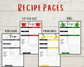 Páginas de recetas l Imprimible l No editable l pdf l Vertical l 4 diseños l Negro l Verde l Rojo l Verde l 8,5 x 11 pulgadas