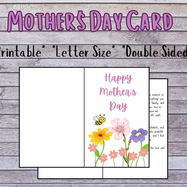 Mother's Day Greeting Card l Printable l pdf l Vertical l Double Sided l Flowers l Bee l 8.5 x 11 inch