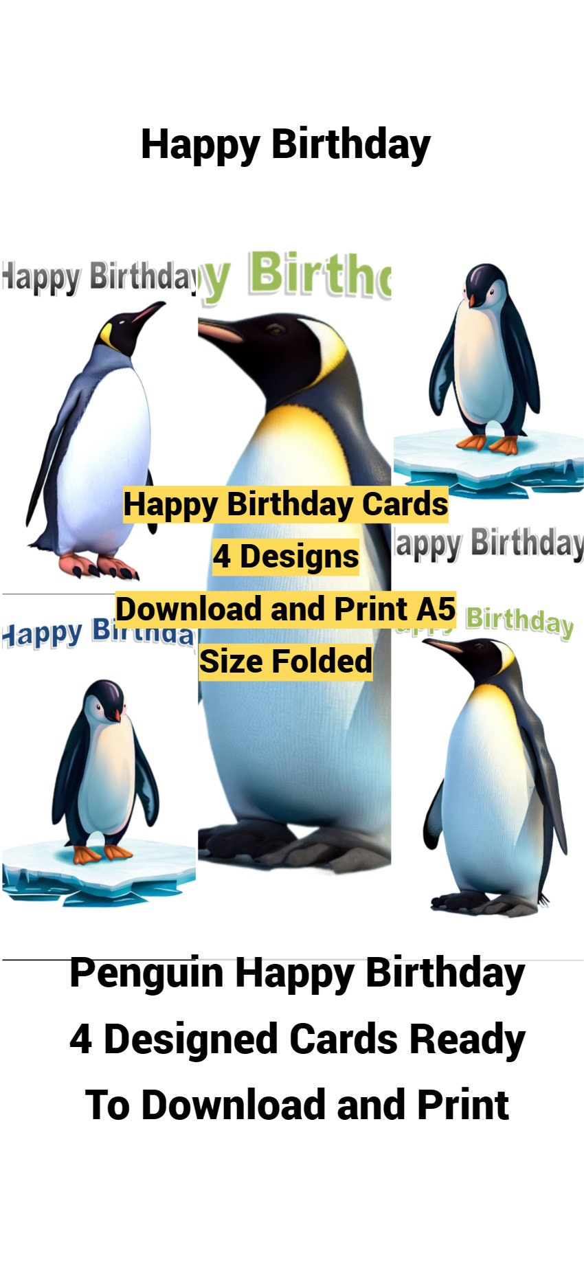 Penguin Happy Birthday Cards Printable X 4 High Quality Designs Download and Print After Payment ...