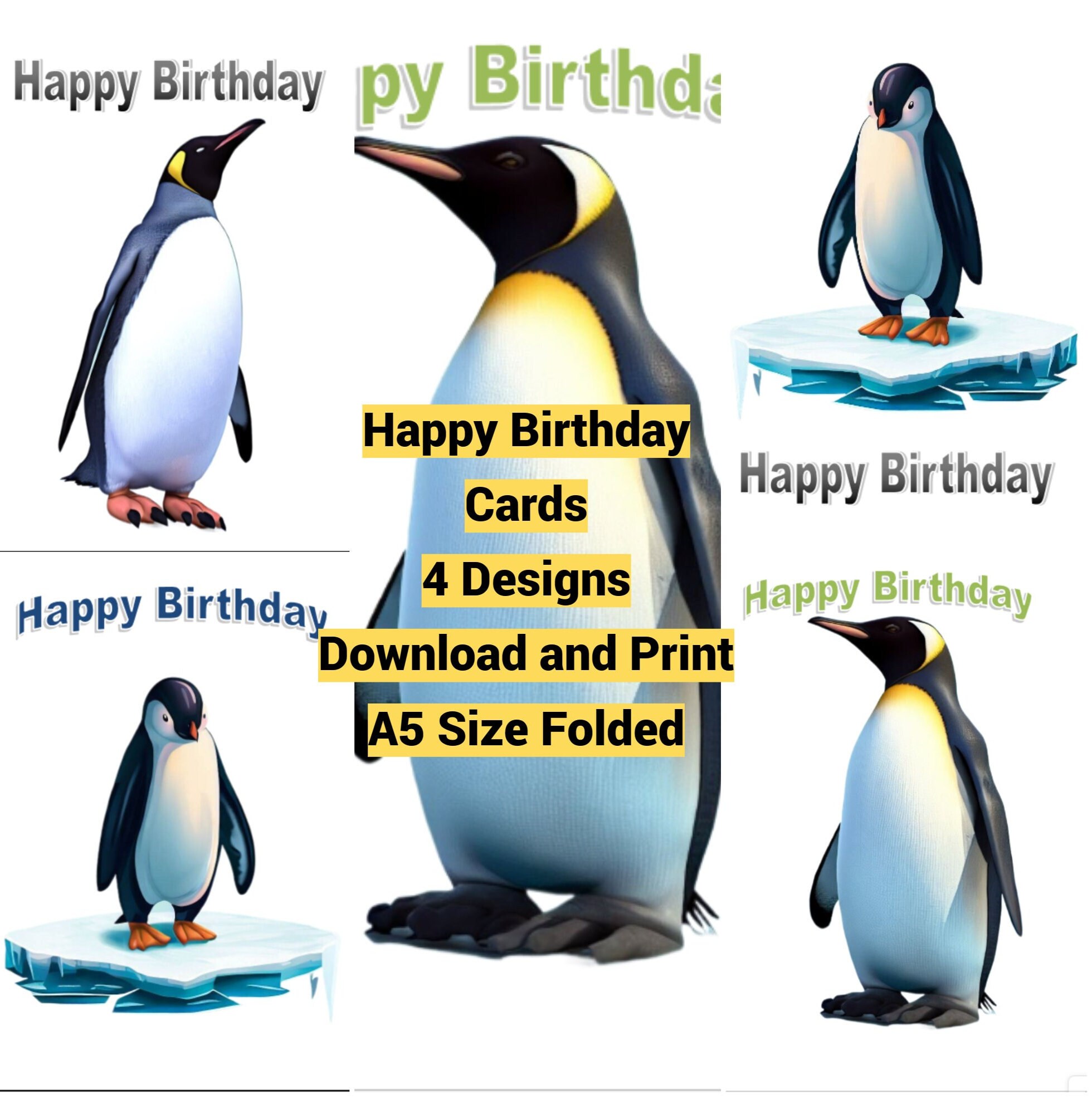 Penguin Happy Birthday Cards Printable X 4 High Quality Designs Download and Print After Payment ...
