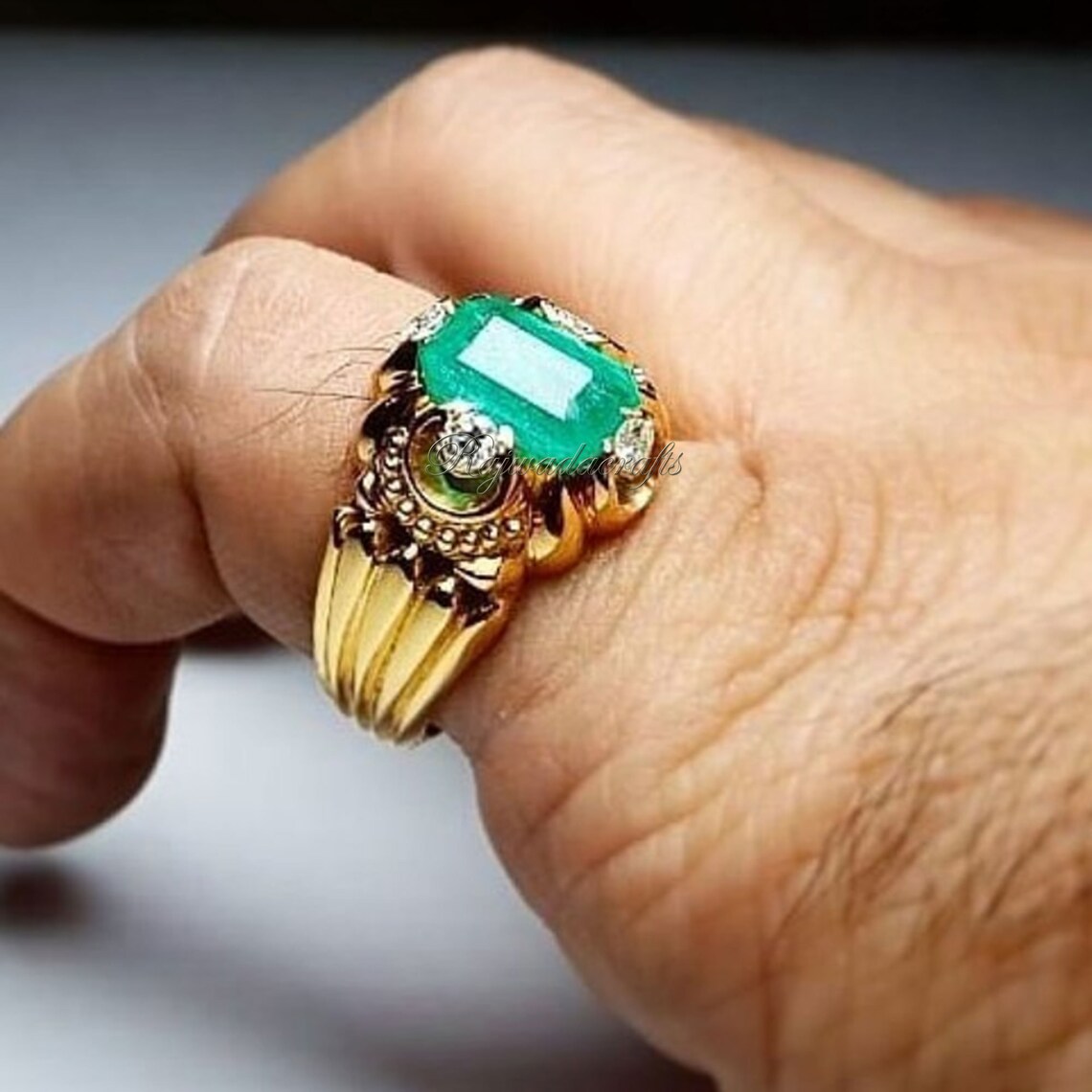Emerald Mens Ring Mens Green Emerald Quartz Ring Yellow Gold Etsy