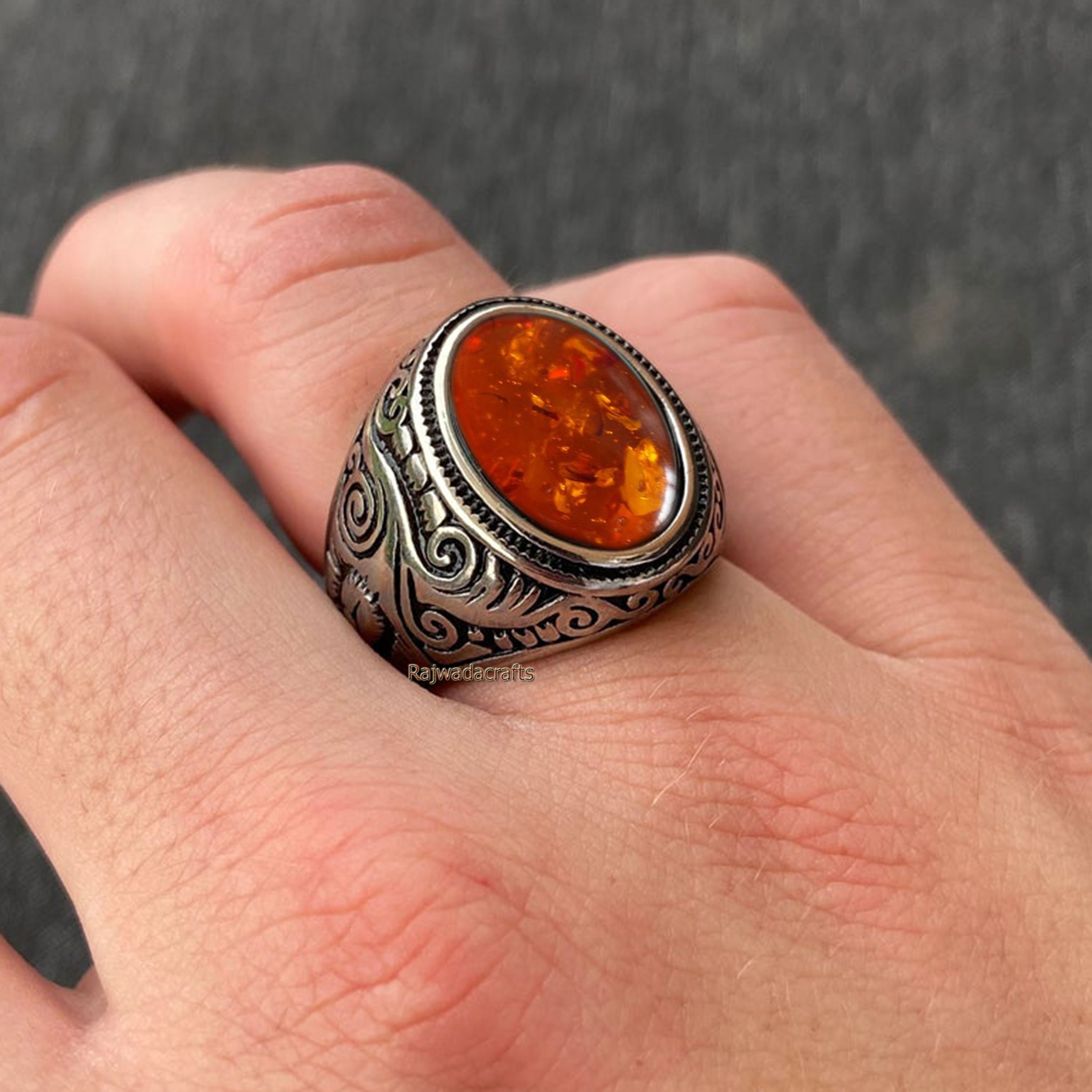 Baltic Amber Gemstone Mens Ring 925 Silver Man Ring Designer Etsy