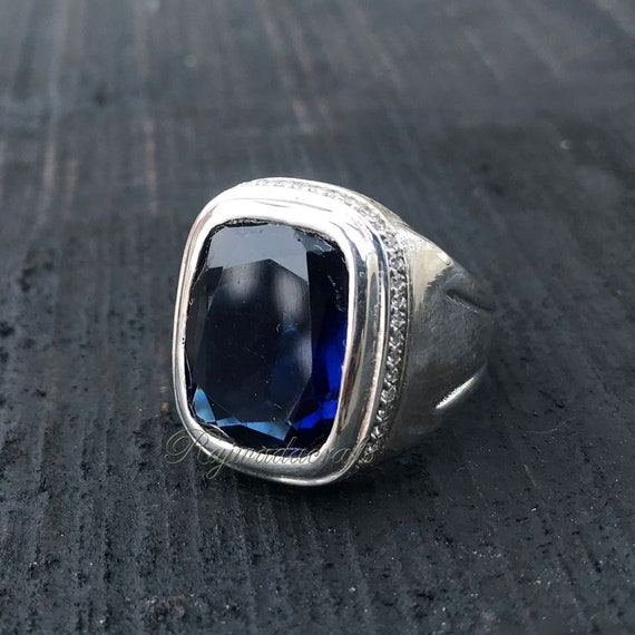 Blue Sapphire Gemstone Ring Statement Ring Wedding Gift For Him Natural Blue Sapphire Men/'s Ring 925 Sterling Silver Signet Gents Ring