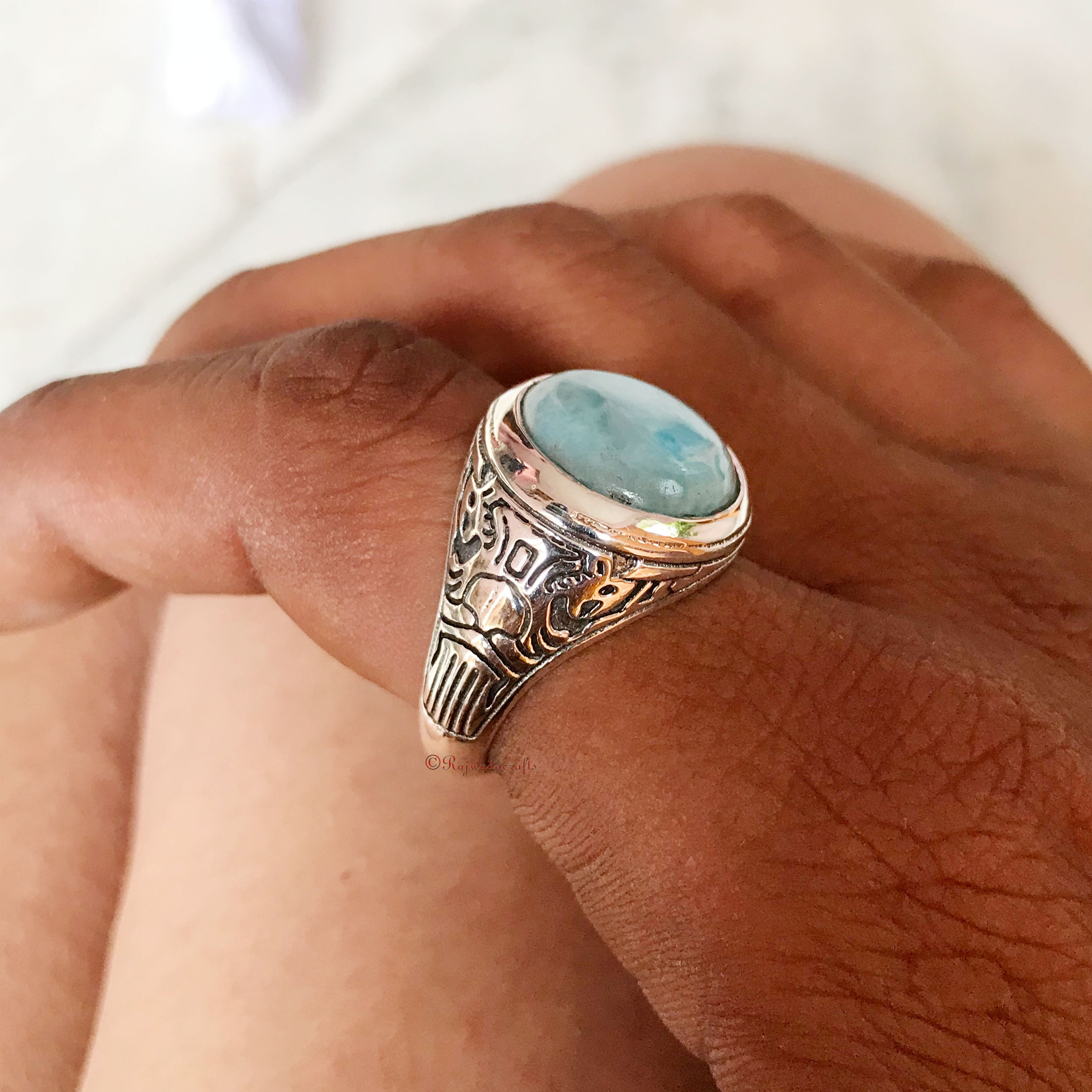 Natural Larimar Ring 925 Sterling Silver Mens Larimar Ring Etsy