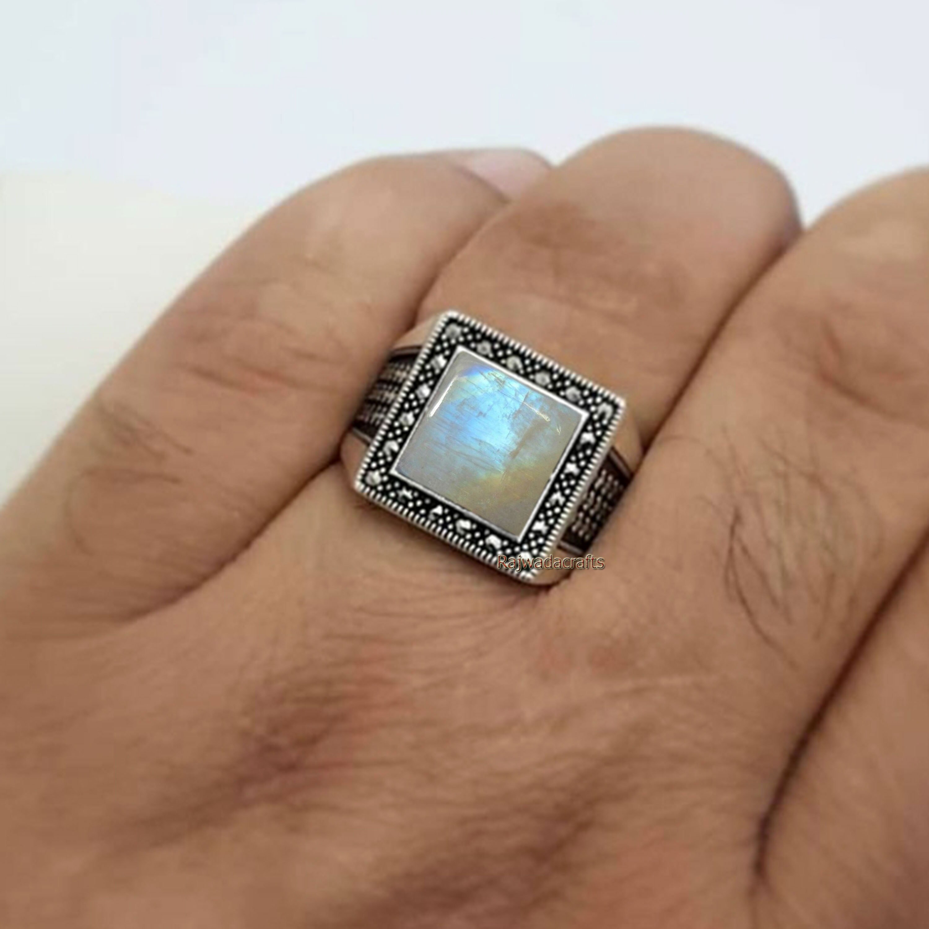 Moonstone Ring Men Rainbow Moonstone Ring Ring 925 Etsy