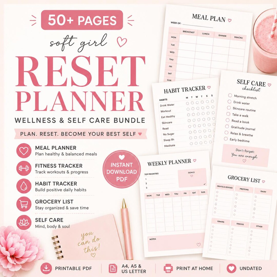 Soft Girl Reset Planner Printable, Wellness & Self Care Planner PDF ...
