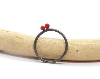 Minimal stone ring, Minimalist ring with coral, Dainty silver ring,  Oxidized silver ring, Handmade ring, Minimal ring, Statetment ring,