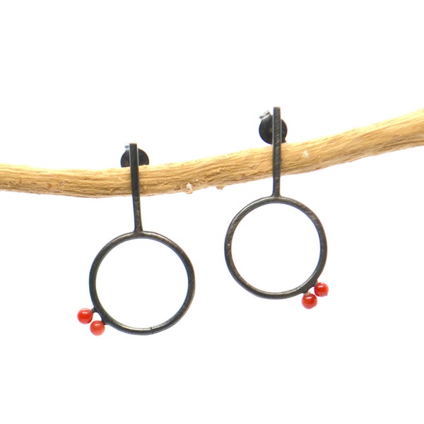 Oxidized sterling silver earrings with stone, handmade silver earrings with a coral, long silver earrings, dangle sterling silver earrings,