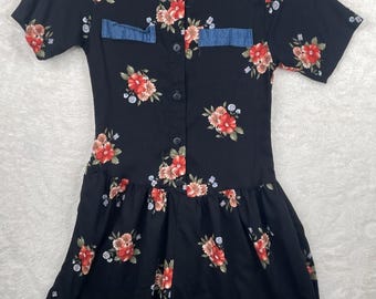 Vintage Pennylane Romper Czarny Kwiatowy Denim Wykończenie Krótki Rękaw Damski S 90s