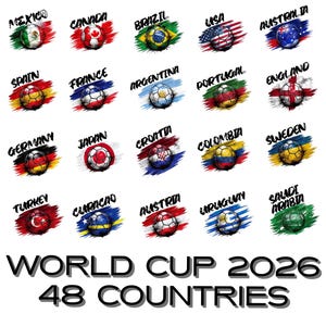 Pode incluir: Gráfico com bolas de futebol representando vários países, cada uma com o design da sua bandeira. O texto "WORLD CUP 2026 48 COUNTRIES" é exibido abaixo. A imagem inclui bandeiras do México, Canadá, Brasil, EUA, Austrália, Espanha, França, Argentina, Portugal, Inglaterra, Alemanha, Japão, Croácia, Colômbia, Suécia, Turquia, Curaçao, Áustria, Uruguai e Arábia Saudita.