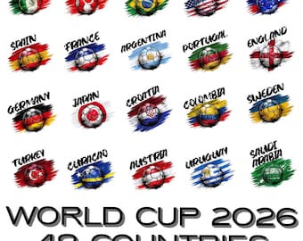 May include: A graphic featuring soccer balls representing various countries, each with its flag design. The text "WORLD CUP 2026 48 COUNTRIES" is displayed below. The image includes flags of Mexico, Canada, Brazil, USA, Australia, Spain, France, Argentina, Portugal, England, Germany, Japan, Croatia, Colombia, Sweden, Turkey, Curacao, Austria, Uruguay, and Saudi Arabia.