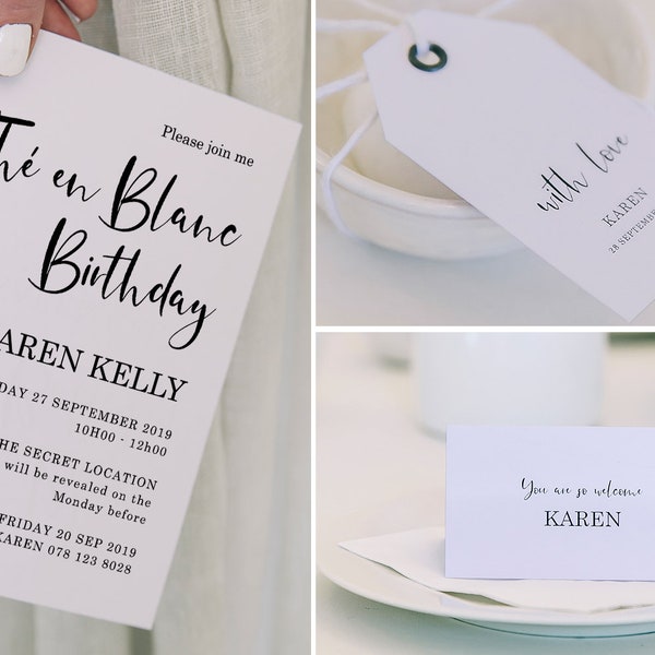 All white birthday party set - The en Blanc Party - Printable Invitation and Party Set -  Black and White Tea Party - MSL110