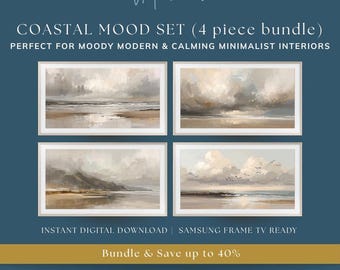 Coastal Mood Frame TV Art Set, Moody Beach Seascape Bundle of 4 (Digital Download)