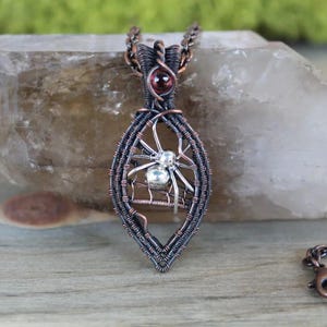 Garnet Spider Web Copper Wire Pendant - Spider Wire Wrap - Silver and Copper Crystal Necklace - Halloween Jewelry - Spider Jewelry