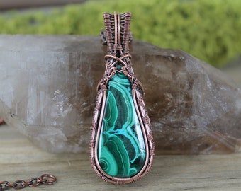 Malacholla Copper Wire Wrapped Pendant - Malachite Chrysocolla Mix Crystal Necklace - Woven Wire Wrap - Simplistic Copper Wire Necklace