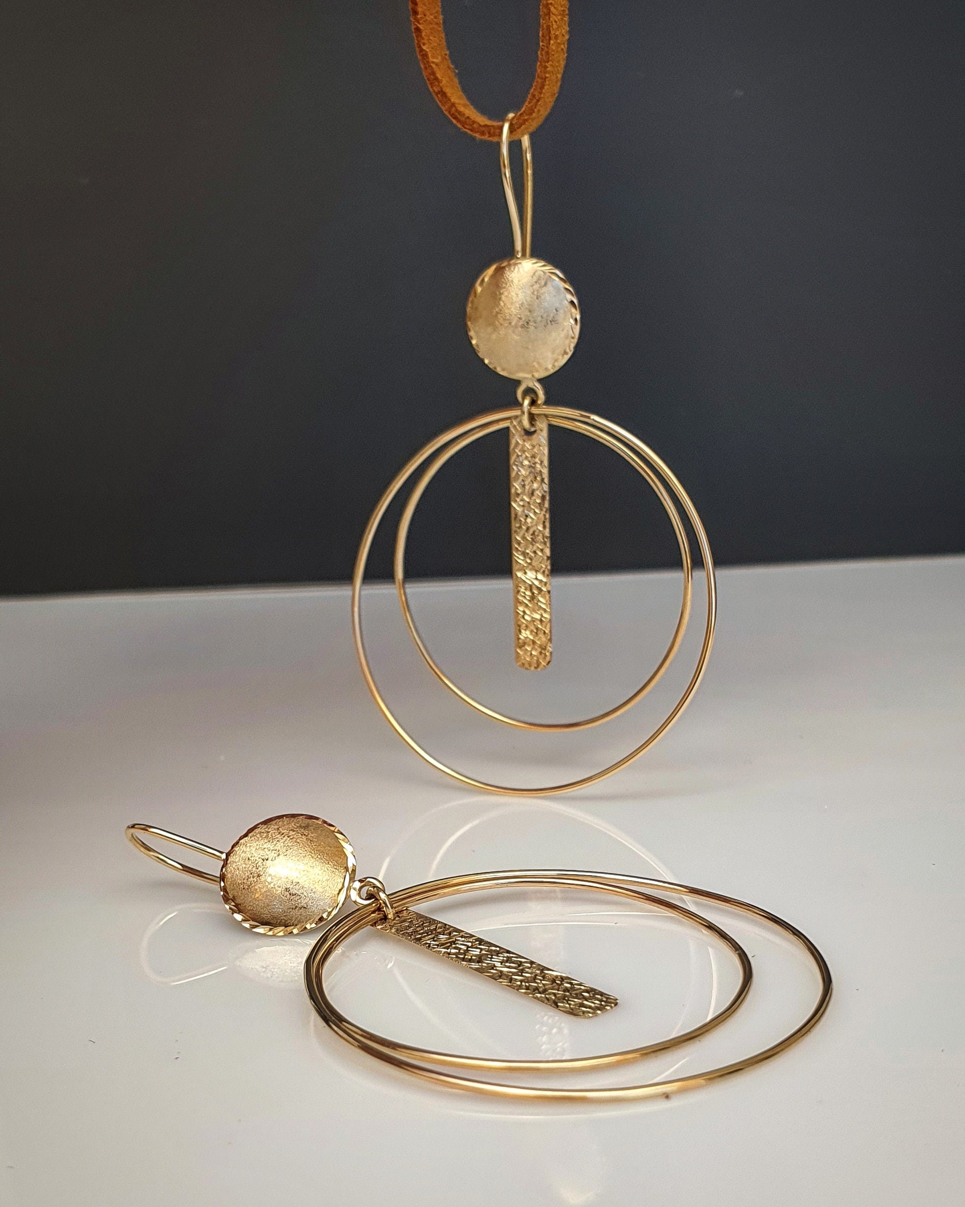 Modernist Circle Earrings Drop Earrings Gold Deco Hoop Drop - Etsy