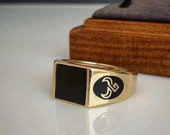 Signet Ring Solid Gold Bull, Taurus Zodiac personalized ring, Onex Black Ring,  Horoscope ring, Astrology jewelry, black signet square ring