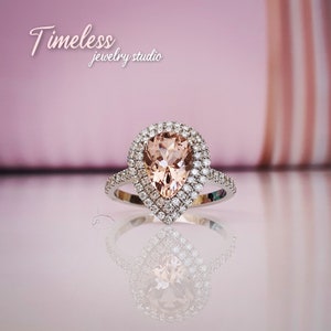 White Gold Morganite Engagement Ring & Diamonds, Pink Morganite Natural Diamonds Handmade ring, Morganite Pave halo, Timeless Jewelers Ring
