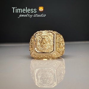 ダッパーリング ゴールド 14K または 18K、メンズ ライオンヘッドリング、星座ギフトリング、メンズ シグネット、ライオンリング ゴールド、ライオンシグネットリング