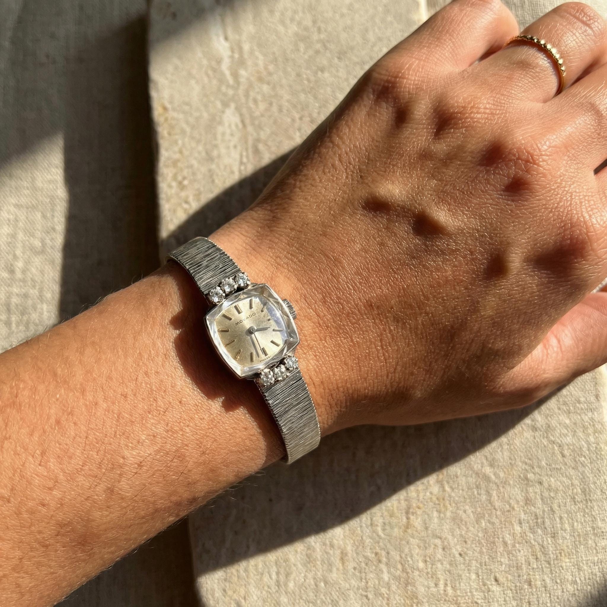 Vintage 14k White Gold Movado Watch Diamond Tennis Bracelet Manual Wind 5.75\