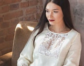 Linen top with lace, linen loose top with long sleeve, available in S-2XL sizes