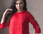 Red linen tunic with flowers, Linen tunic dress with embroidery
