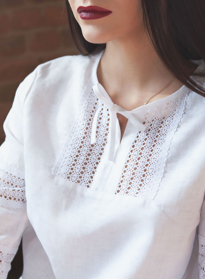 34 sleeve top organic linen top top with lace ready to ship top White linen top