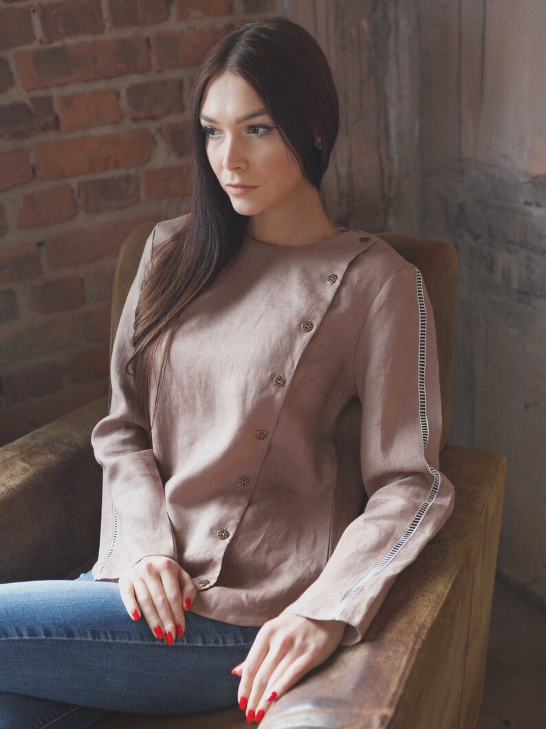 ready to ship Beige linen blouse with lace and buttons summer top long sleeve linen boho blouse,pluse size country vintage spring top