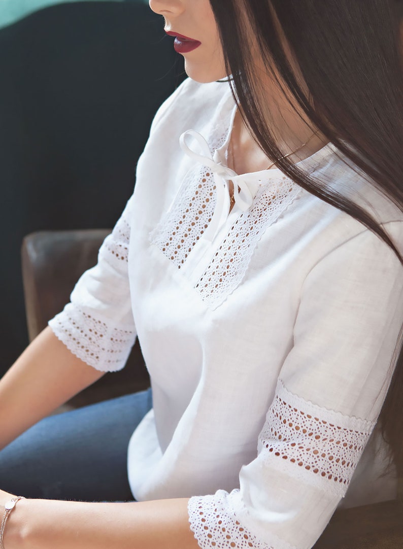 34 sleeve top organic linen top top with lace ready to ship top White linen top
