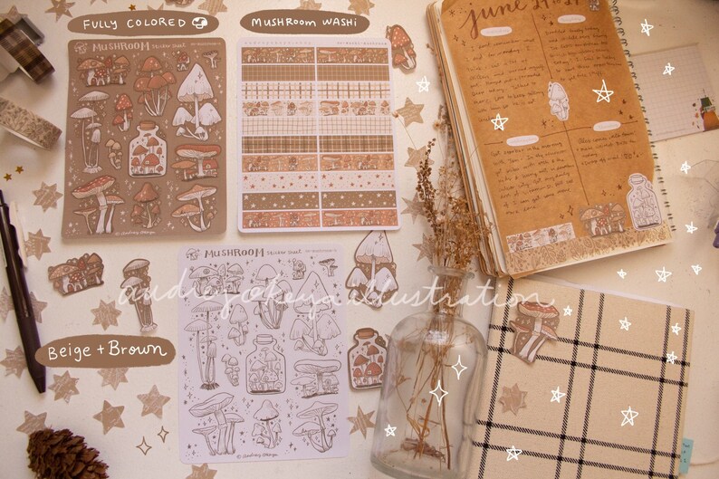 Mushroom Cottagecore Bullet Journaling Stickers & Mushroom Washi Strips 
