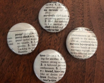 Dictionary Button, 1-inch, assorted words.