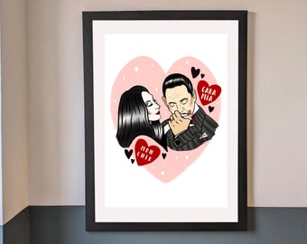 Morticia & Gomez Addams Family 90’s Movie Art Print | Pinks, Berry, Red Tones | Lovers Alternative Gift